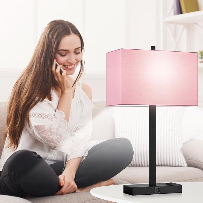 Lynnoland 21" Set of 2 Table lamp with USB A+C & AC Outlets, Touch Control 3-Way Dimmable Nightstand Lamps for Bedroom Living Room Office Reading, Pink Shade Touch Lamps, 5000K LED Bulbs Included