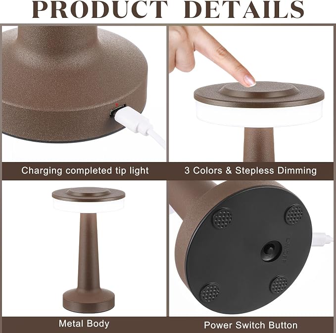 Riakrum 2 Pcs Brown LED Portable Cordless Table Lamp Bulk with Touch Sensor 3 Color Stepless Dimming Rechargeable Battery up to 15 Hours Cordless Table Light Wireless Lamp Wedding Home