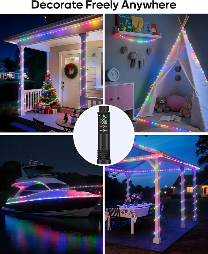 Rechargeable Rope Lights, Outdoor Waterproof String Lights with 1200mah Portable Rechargeable Battery, Timing & 8 Modes for Party Christmas Camping DIY Tree Trampoline (Multi-Colored, 39FT)