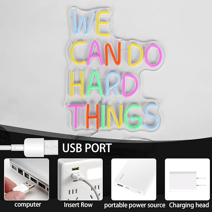 We Can Do Hard Things Neon Sign, LED Motivational Neon Lights for Wall Decor, Dimmable Positive Quote Neon Lights for Classroom, Kids Room, Bedroom, Library, Birthday Party Decoration