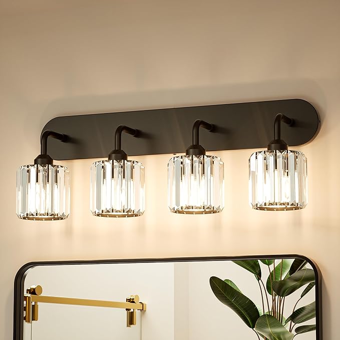Keonjinn 4-Light Black Bathroom Light Fixtures Over Mirror, Crystal | Vanity Lighting Fixture with Crystal Square Shades, Dimmable, Modern Style, Compatible with E26 Base LED Bulbs (Exclude Bulb)