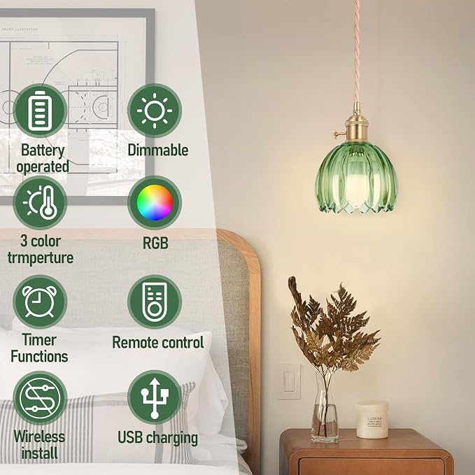 Battery Operated Pendant Light,Mini Hanging Lights 5.1Inch 2500mAh RGB Rechargeable Light Bulb with Remote Control Wireless Adjustable Rechargeable Chandelier for Kitchen Island Hallway