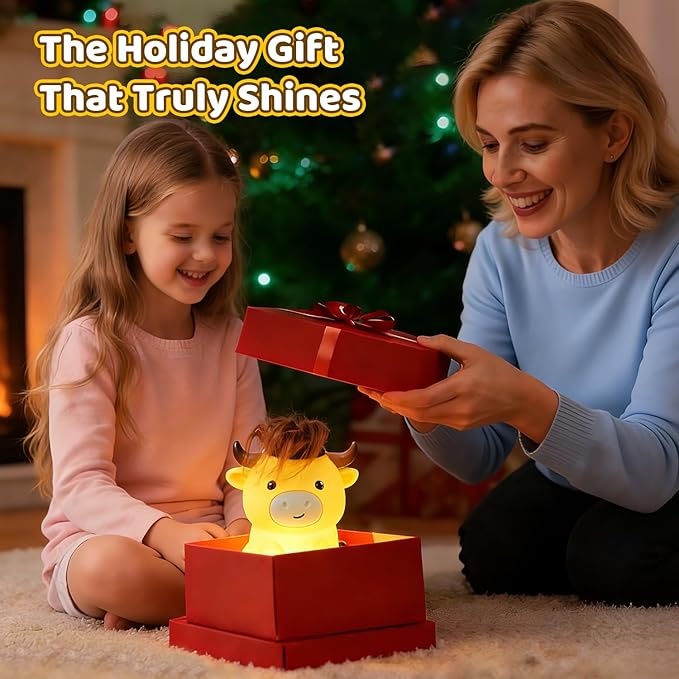 Amaredom Highland Cow Night Light, Cute Cow Lamp, Silicone Dimmable Nursery Nightlight, Rechargeable LED Bedside Lamp with 20 Minutes Timer & Tap Control Baby Girls Women Bedrooms, Living Room