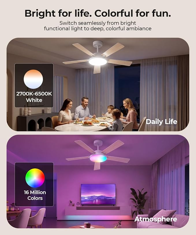RGBCW Smart 52" 2600LM LED Ceiling Fan Light with Remote, White | Alexa/Google/App Control, Reversible DC Motor, 6 Speeds & 2 Fan Modes, Dimmable, Quiet Fan for Bedroom, Living & Gaming Room