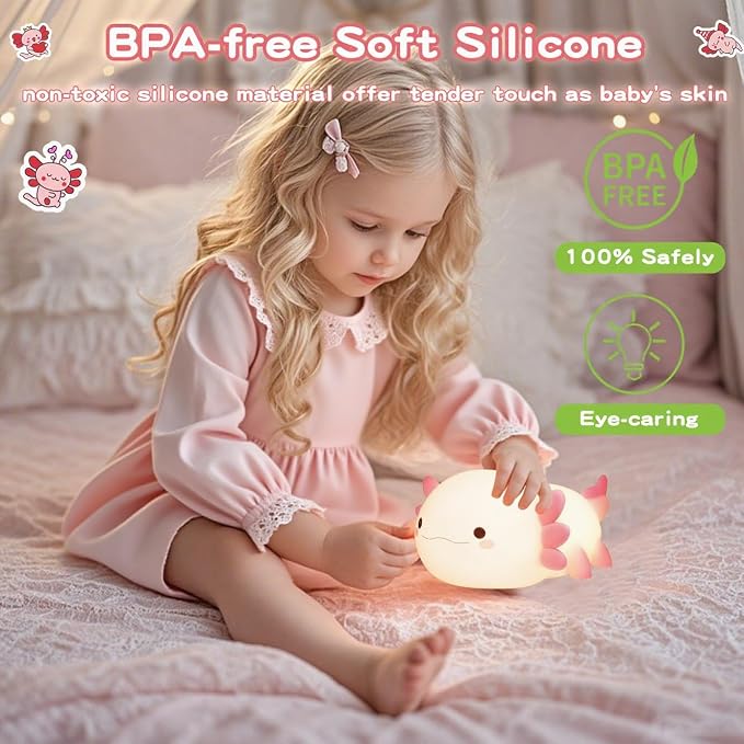 FAMIDUO Pink Axolotl Lamp, Food-Grade Silicone Squishy Night Light for Kids | 2-Level Touch Dimmable ,20-Min Auto-off Timer, Rechargeable Anti-Blue Warm Glow Nursery Bedside Decor, Cute Gifts for Girls