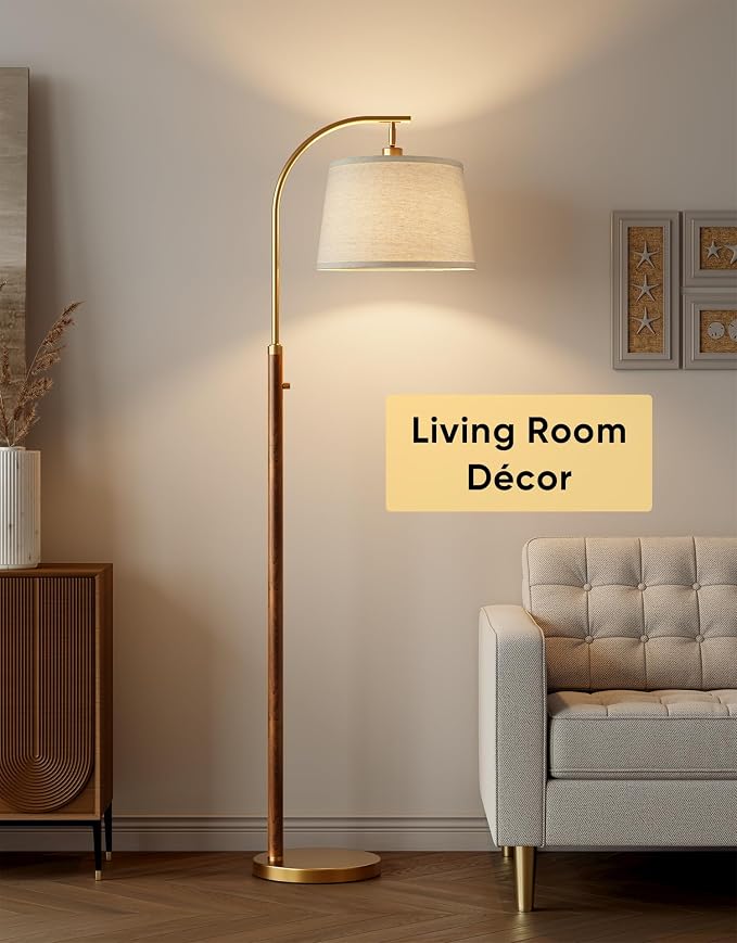 Dimmable Floor Lamp for Living Room, 65" Tall Metal Standing Lamp with LED Bulb, Mid Century Modern Arc Floor Lamp with Linen Shade for Bedroom, Reading Room, Office & Nursery, Gold and Walnut Color