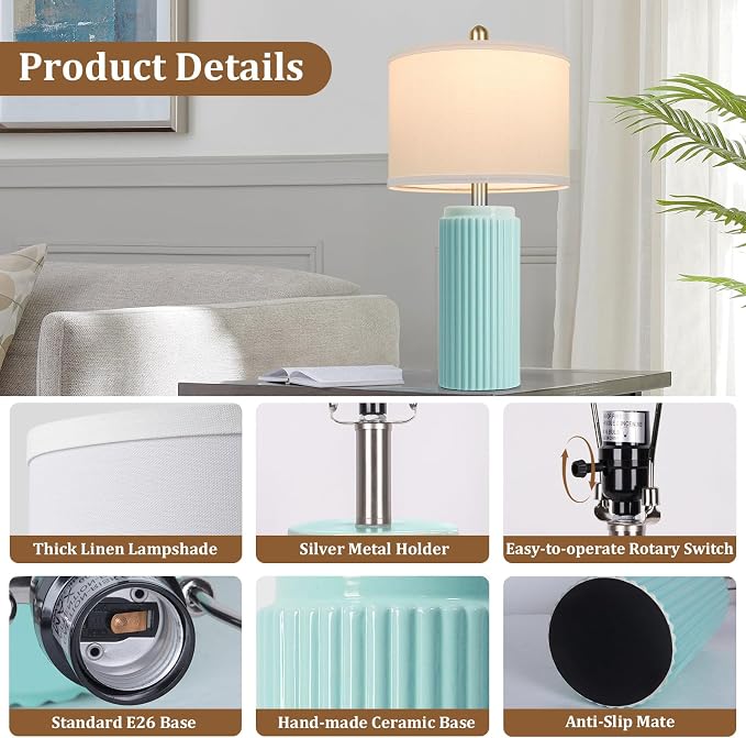 23.5" Light Green Modern Ceramic Table Lamps Set of 2 for Bedside | Nightstand Lamps with White Linen Shade, Ideal Size, Farmhouse Home Decor for Living Room Bedroom Office End Table Dorm