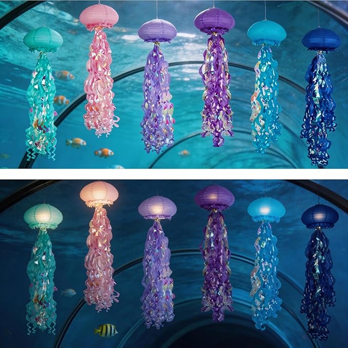 Jellyfish Paper Lanterns with LED Lights Set of 6, Multicolor Oval Hanging Floating Decorations for Under The Sea Party Mermaid Birthday Ocean Classroom Beach Room Aesthetic