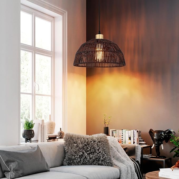 Plug in Pendant Light, Hanging Lights with 15ft Cotton Cord & Stepless Dimming Switch, Handwoven Hemp Rope Lampshade, Black Rattan Lamp for Dining Room,Hallway