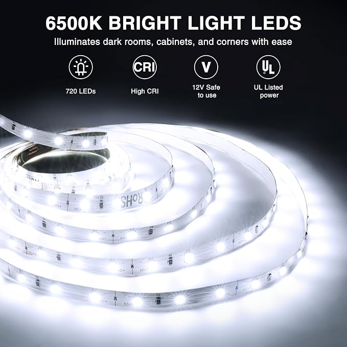 Onforu LED Strip Lights,39.37ft 6000K Dimmable Daylight White Tape Light,12m 720 LEDs 2835 Flexible Ribbon Mirror Light, 12V Adhesive Rope Lights for Kitchen, Under Cabinet, Bedroom (Pack of 2)
