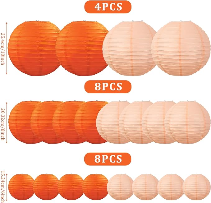 20Pcs Paper Lanterns, Orange and Peach Hanging Lantern for Rustic Party | 6"8"10" Round Paper Lanterns Decorations for Bridal Shower Wedding Engagement Birthday Baby Shower Home Classroom Decor