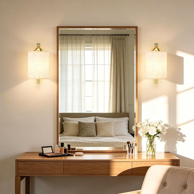 Wall Sconces Lights Lamp for Bedroom Bathroom, Modern Vanity Light Fixtures, Gold Farmhouse Wall Mount Lighting Lanterns with Fabric Shade for Living Room Mirror Hallway Kitchen