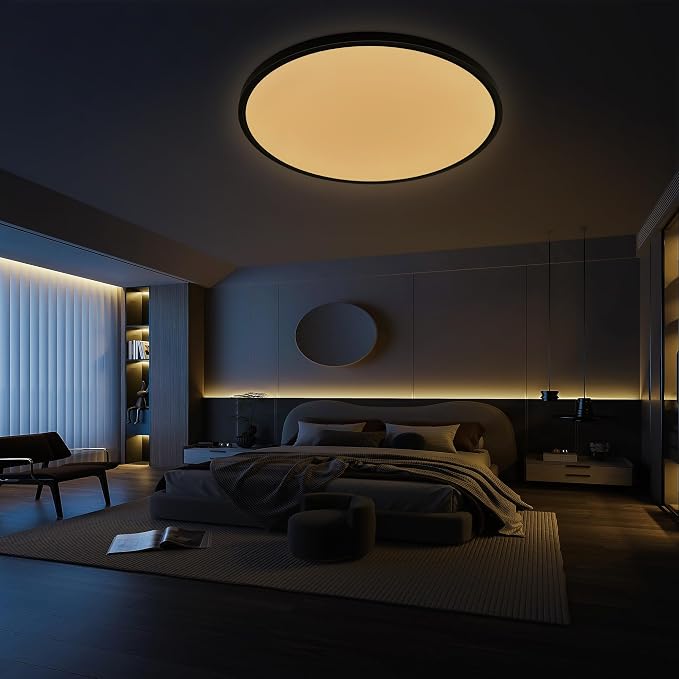 20 inch Dimmable Led Flush Mount Ceiling Light Fixture with Remote Control | 48W 4800LM, Ultra Thin, Modern, Round, Black Large Ceiling Lamp for Kitchen, Dining Room, Bedroom, Living Room, Home Office