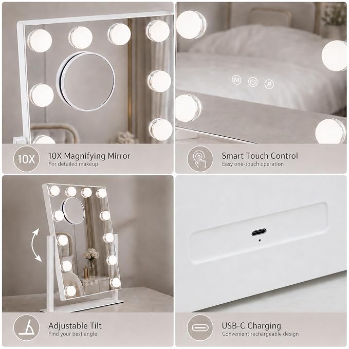 Vanity Mirror with Lights, Dimmable Desk Mirror, 12 Bulbs, 16.4'' x 13.1'' | 3 colors Lighted Makeup Mirror, Touch Control, Detachable 10X Magnification, 360 Rotation, Gift for Wife, Mom, Girls