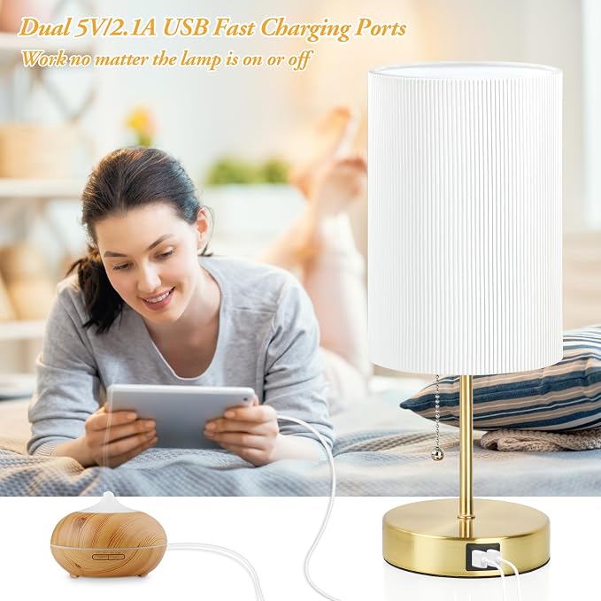 2 Sets Table Lamps with 2 USB, Minimalist Beside Lamps for Bedroom, Nightstand Lamp with Pull Chain, Desk Lamps with White Pleated Shade and Gold Metal Base for Living Room Dorm Reading Hotel