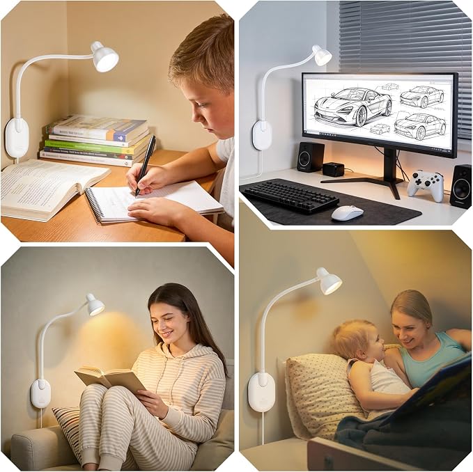 Wall Mounted Reading Light, LED Wall Bedside Lamp with Adapter White | 5 Color 10 Brightness,Plug-in Adhesive Wall Reading Lights for Books in Bed, Auto-Off Timer Wall Lights for Bedroom Headboard