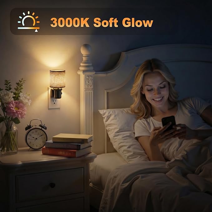 JandCase Night Lights Plug into Wall 2 Pack Linen Fabric Vintage Nightlight | 0-100LM Dimmable Farmhouse Decorative Nightlights with Dusk to Dawn Sensor, for Bedroom Living Room Hallway