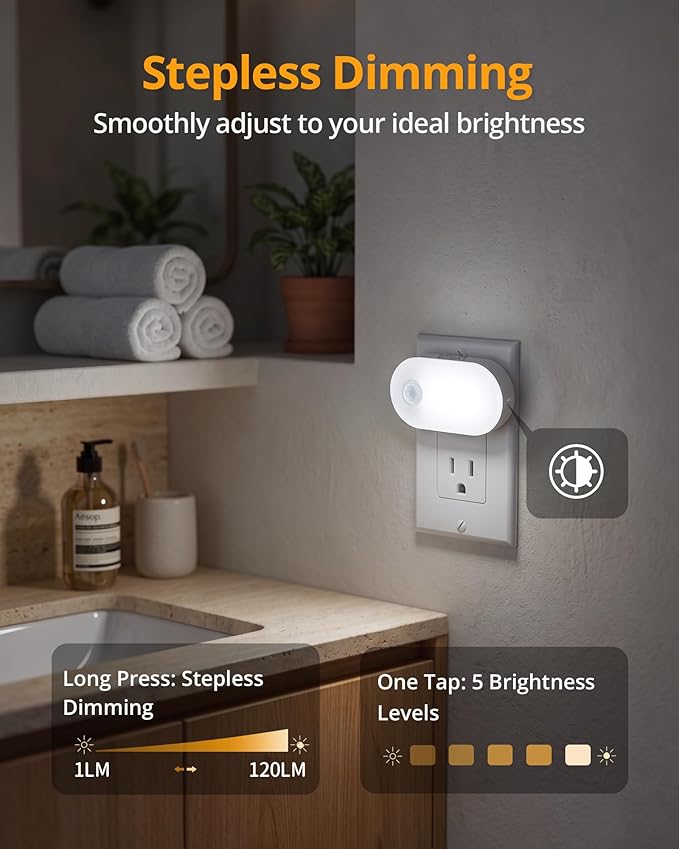 120LM Ultra Bright Plug-in Motion Sensor Night Light, Stepless Dimmable LED Nightlight, Always-On and Auto-Off, for Hallway, Stairs, Bathroom, Bedroom, Garage, Cool White (6-Pack)