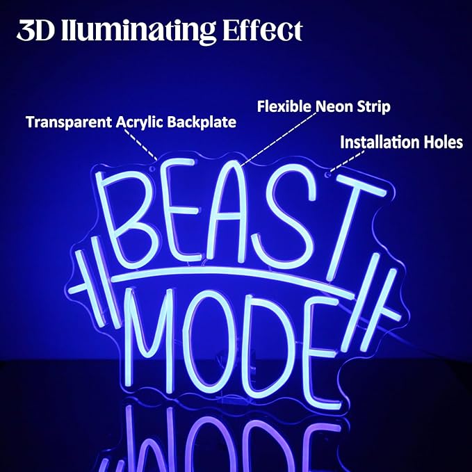 Beast Mode Neon Sign Blue Letter Neon Gym Signs Motivational Wall Art Gym Decor Barbell LED Neon Lights Signs Dumbbell Neon Light for Bedroom Gym Sports Room Man Cave Decor
