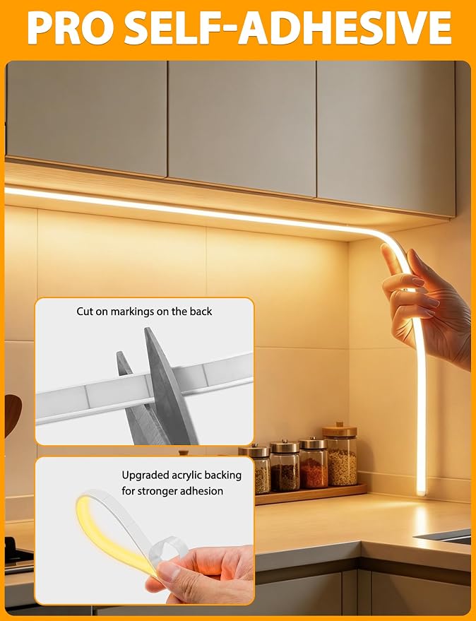 COB LED Strip Lights 32.8Ft, Warm White Dimmable Self-Adhesive Led Rope Light with Remote,Waterproof Cuttable 24V Flexible Neon Under Cabinet Tape Lighting for Bedroom, Kitchen,TV 10 mm Width