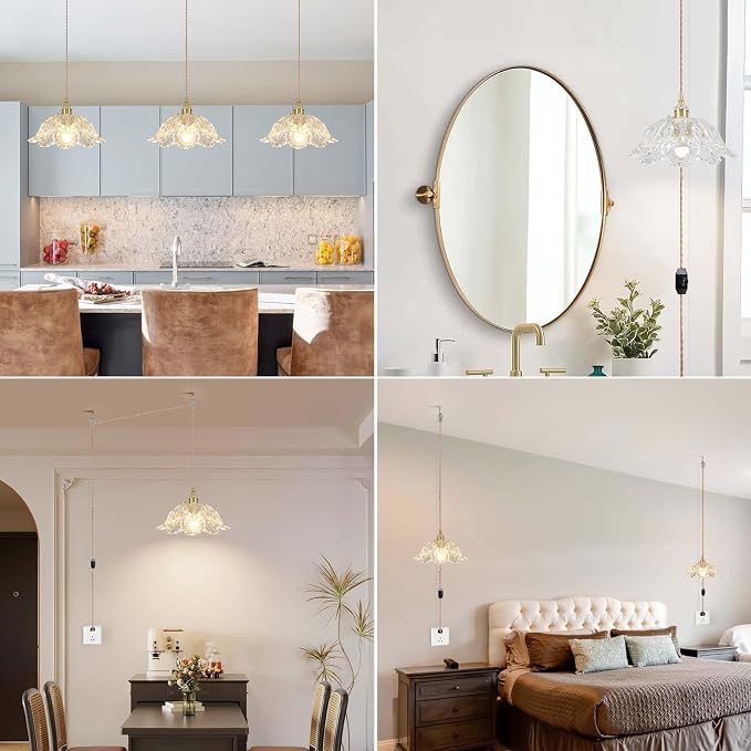 Plug in Pendant Light Fixtures,Hanging Light Fixture Transparent Glass Pendant Light 10.6in E26 Pendant Lighting for Kitchen Island, Bedroom, Dining Room, Living Room