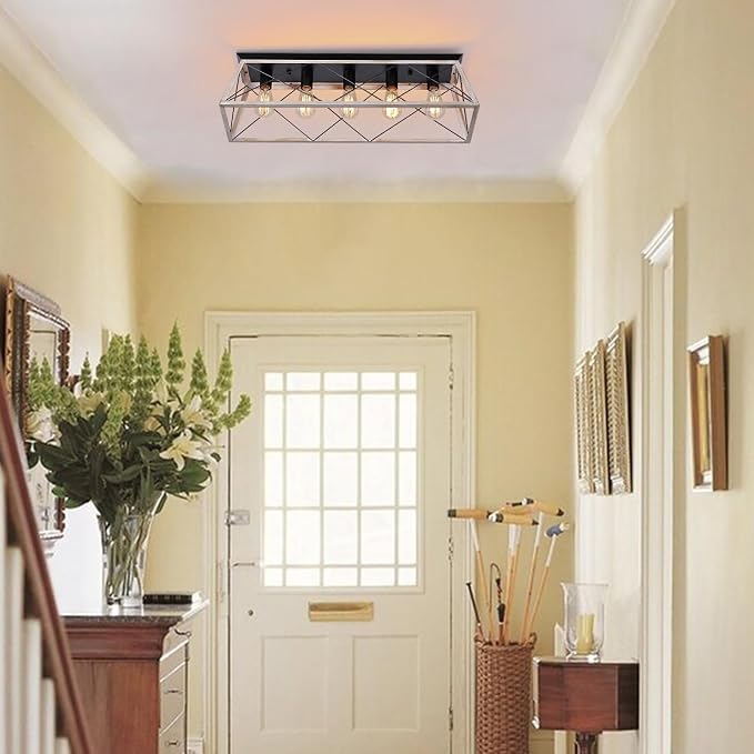 31.5" Large Flush Mount Ceiling Light Fixture, X-Shaped Metal Cage Design, Dimmable 5-Light Close to Ceiling, Farmhouse & Vintage Industrial Style, for Dining Room, Kitchen Island, Living Room