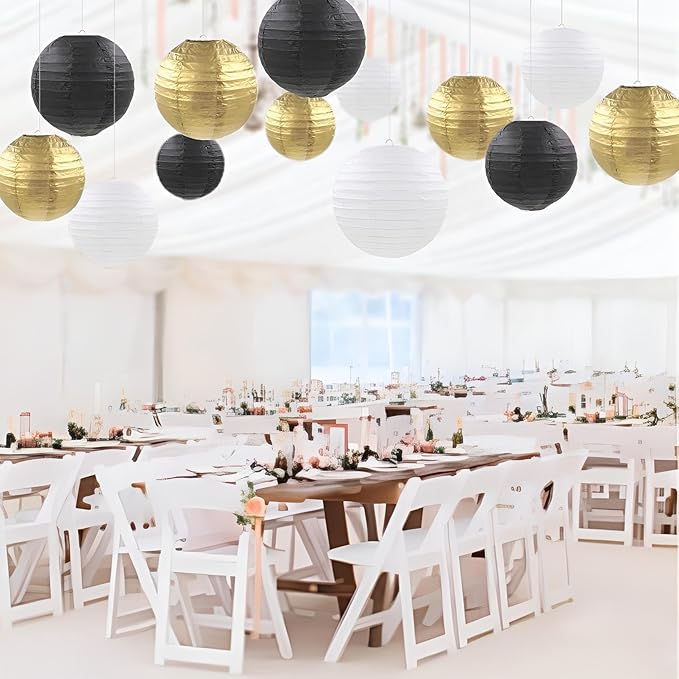 Black Gold and White Paper Lanterns 12Pcs Hanging Round Paper Lanterns Decorative for New Years Decorations Graduation Baby Shower Wedding Birthday Family Parties ﻿