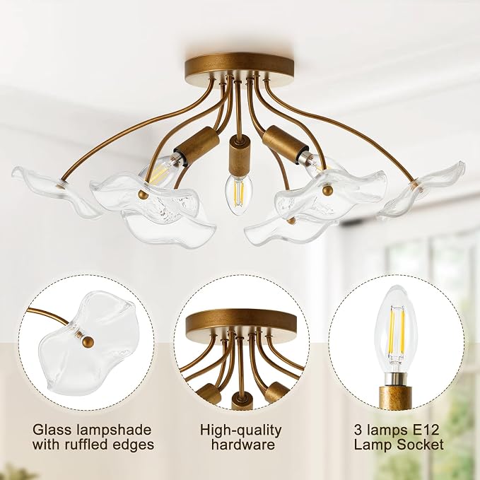 Luvkczc Semi Flush Mount Ceiling Light, Modern Gold Ceiling Light Fixture, Vintage Brass Lighting for Kitchen Entryway Hallway Bathroom Bedroom Foyer, 3 Light E12 Socket