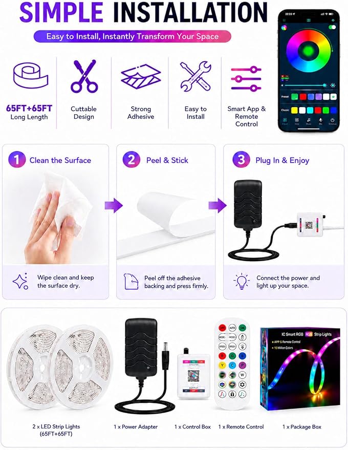 MFWW 130FT Strip Lights, Smart IC RGB LED Lights Multiple Colors on One Line, App+Remote Control, Timing, Multimodal, Music Sync, Color Changing Lights for Bedroom, Party Home Decor