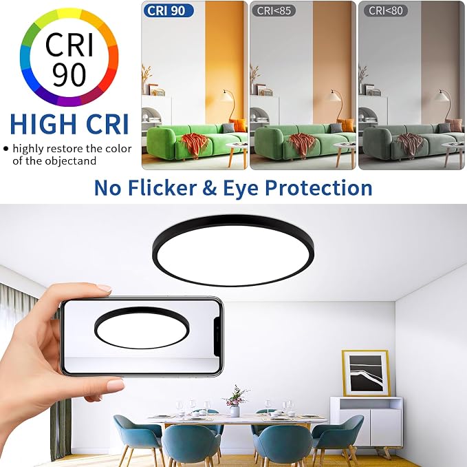 20 inch Dimmable Led Flush Mount Ceiling Light Fixture with Remote Control | 48W 4800LM, Ultra Thin, Modern, Round, Black Large Ceiling Lamp for Kitchen, Dining Room, Bedroom, Living Room, Home Office