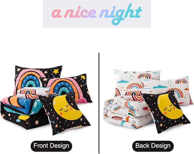A Nice Night Bedding 6 Pcs Cartoon Rainbow Bedding Set with Smile Moon Printed for Boys Girls Bed Comforter Sets (Black, Twin)