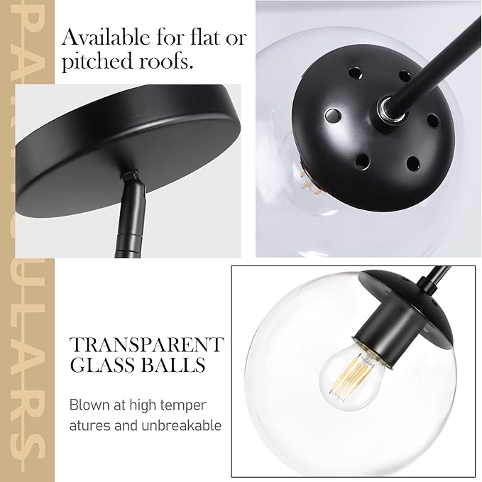 8" Globe Pendant Light Black 2 Pack Mid Century Pendant Light Globe Pendant Lights Kitchen Island Matte Black Finished with Clear Glass Adjustable Ceiling Light Fixtures for Dining Room Bar