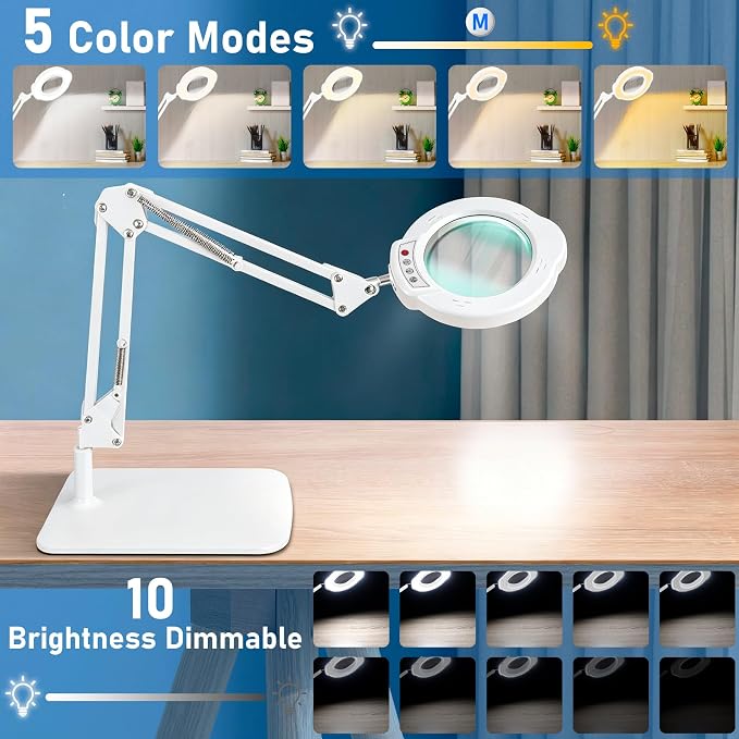 White 10X Magnifying Glass with Light and Stand, LED Desk Lamp with Base and Clamp, 5 Color Mode, 10 Dimmable Levels, Hands Free for Reading Crafts Jewelry Sewing Close Work