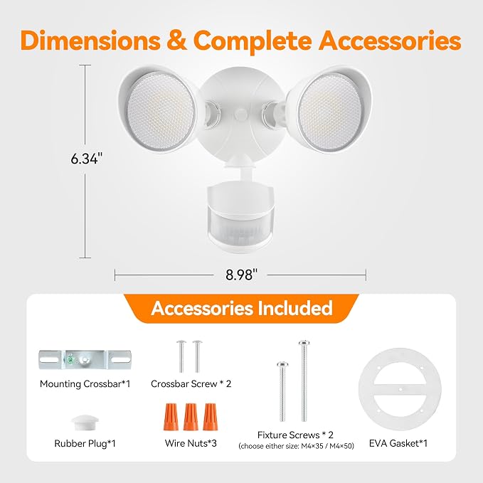 45W 5500LM PIR Motion Sensor Outdoor Lights, Dual Head LED Flood Light, 5000K Daylight, IP65 Waterproof Hardwired Dusk to Dawn Motion Detector Security Light for Outside Garage Yard (White)