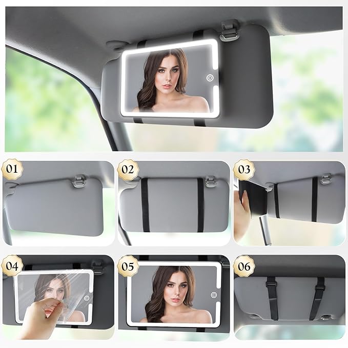 LED Vanity Mirror for Regular Car Sun Visor,Lightweight Car Mirrors with Dimmable Lights, 3-Color Vanity Makeup Mirror for Universal Standard Vehicle Visor