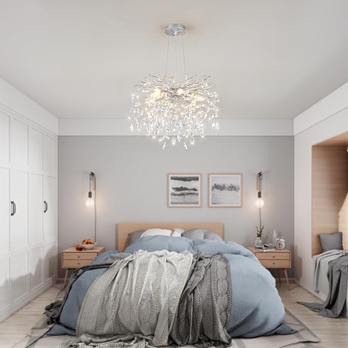 EGM 18-Inch Silver Crystal Chandeliers for Dining Room, Modern Crystal Chandelier for Bedroom, 6-Light Silver Tree Branch Chandelier for Living Room, Raindrop Leaf Chandeliers for Home Décor, E12