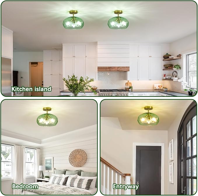 Vintage Semi Flush Mount Ceiling Light ,12″ Art Deco Green Hammered Glass | Gold,Mid Century,Whimsical,MCM,Unique Cute Retro Light Fixtures for Girls Bedroom,Entryway Laundry Room Kitchen Closet Foyer
