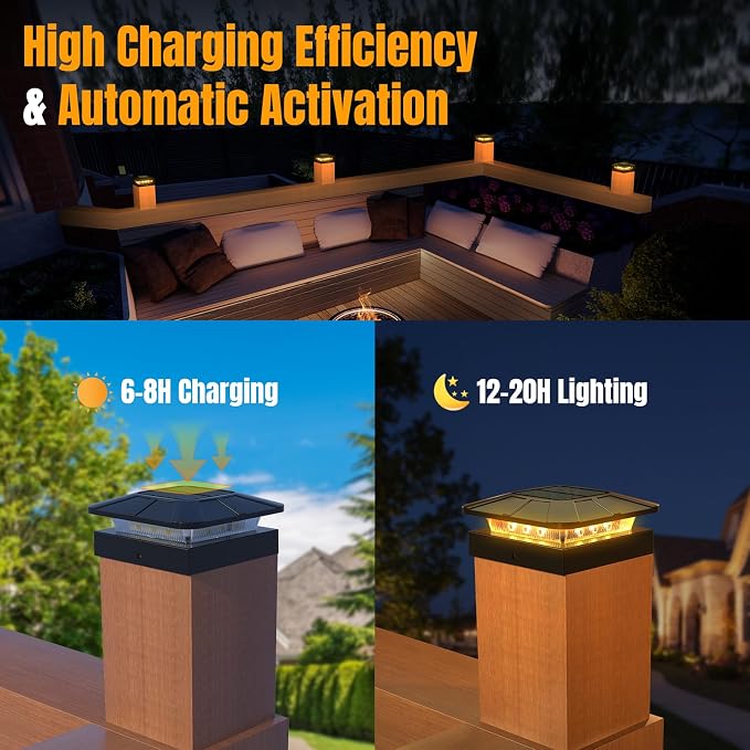 4x4 Solar Fence Post Cap Lights Outdoor Waterproof, 6 Pack | IP65, 3 Modes Auto On/Off,Deck, Garden, Patio, Deck, Backyard, Porch, Sidewalk