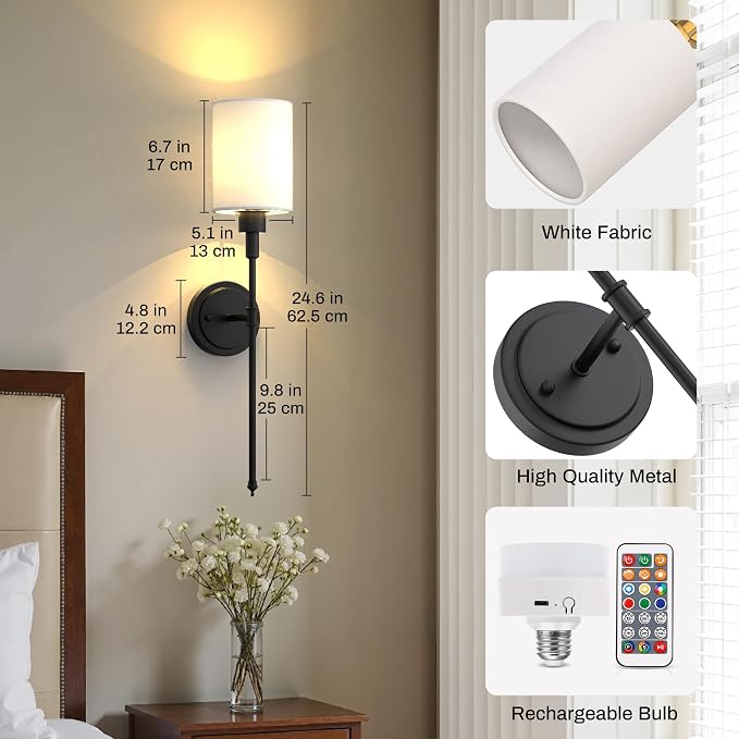 Battery Operated Wall Sconce: Set of 2 Wireless Wall Lights with 12000mAh | 15 Color Rechargeable Wall Sconces, Not Harwired Sconce Wall Decor Set of 2 for Bedroom, Living Room, Black 24.3in