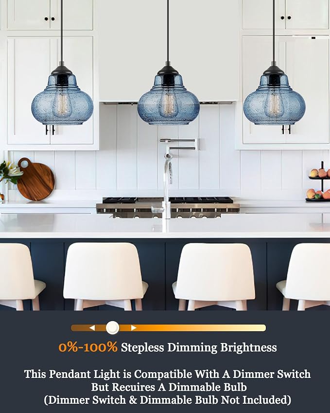 ELYONA 8 Inch Pendant Light for Kitchen Island Modern Blue Hand Blown Bubble Glass Pendant Lighting Hanging Light fixtures for Dining Room Bar Bedroom Living Room