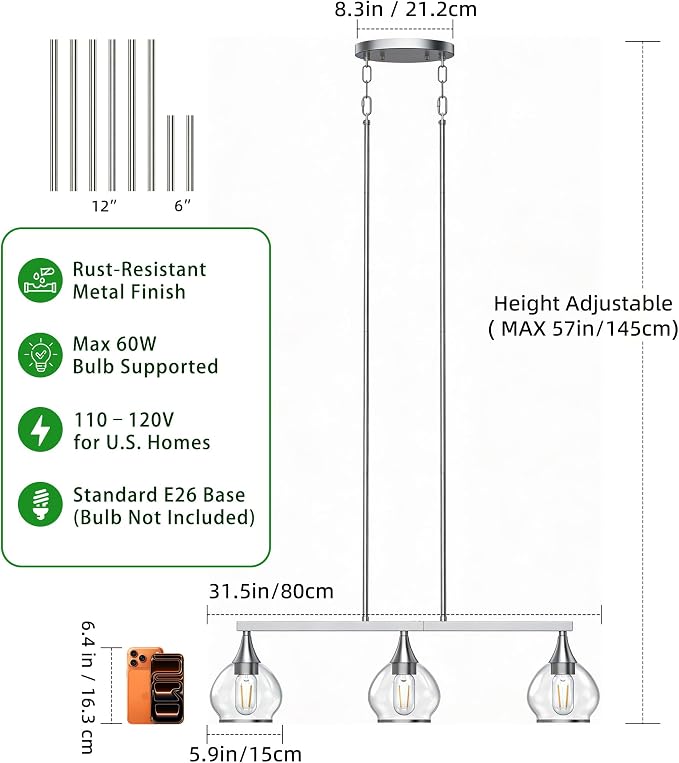 Kitchen Island Linear Pendant Light, 3-Light Brushed Nickeld Dining Room Chandelier with Clear Glass Globe Shades, Modern Linear Lighting Fixture Over Table