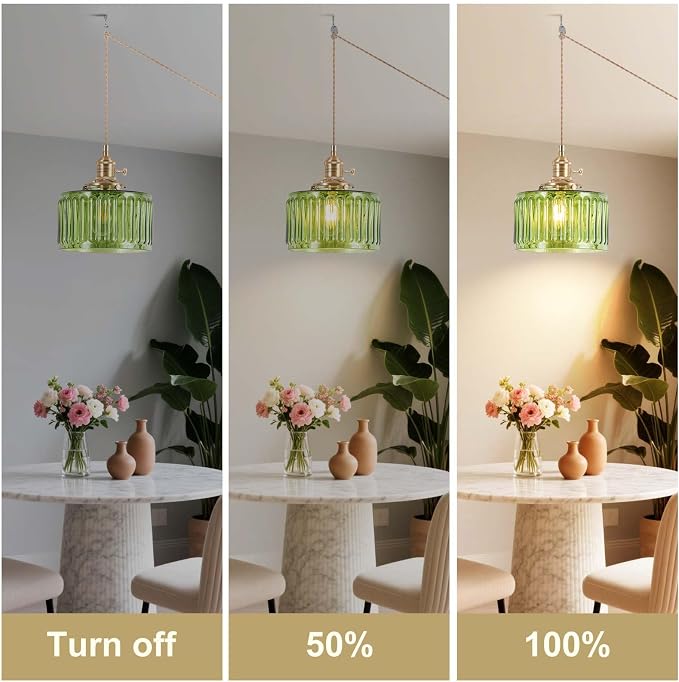 Pendant Light Fixtures,Plug in Hanging Light Fixture Green Glass 6.6in Pendant Light,E26 Pendant Lighting for Kitchen Island, Bedroom, Dining Room, Living Room