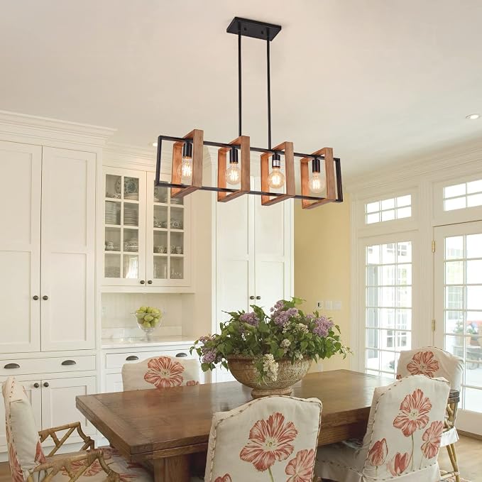 Dining Room Light Fixture Farmhouse Pendant Lights Kitchen Island Rustic Kitchen Light Fixtures 4 Lights Wood and Black Metal Rectangular Chandelier Ceiling Hanging Lighting 35.4"