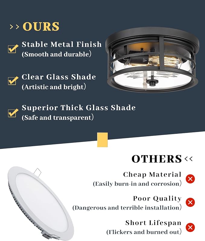 EAPUDUN Flush Mount Ceiling Light, 12inch 2-Light Metal Close to Ceiling Light Fixture, Matte Black Finish with Clear Glass Shade for Hallway Entryway Bedroom Porch FMA1412-MBK