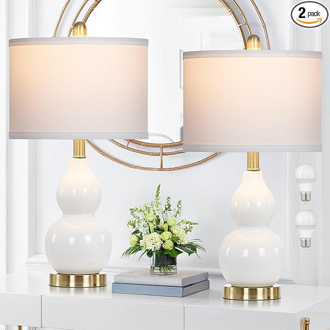 Double Gourd Ceramic Table Lamps Set of 2, Modern White Bedside Lamps for Night Stand, Contemporary Nightstand Lamps for Bedroom Living Room (Bulb Included)