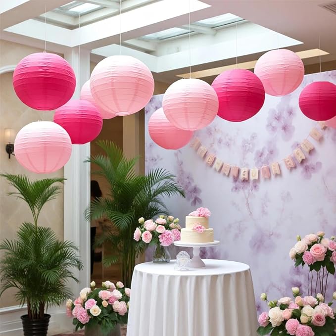 Chinese Paper Lanterns - Pack of 10, 10-Inch Pink/Rose Red Hanging Lights for Birthday Party Decorations, Ceiling Decor, Rainbow Classroom, Wedding, and Home Party
