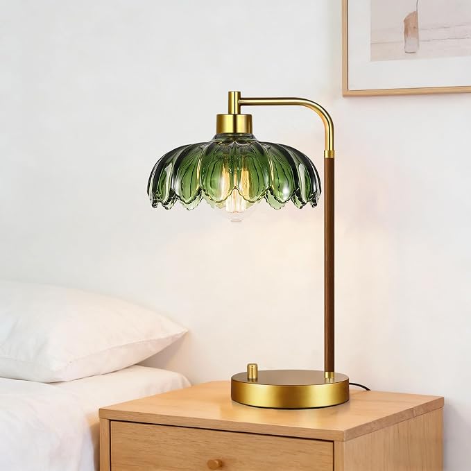 ILLMTW Vintage Table Lamp Set of 2 for Bedroom Living Room,Small Bedside Lamps Dimmable Boho Bedroom Lamp with Glass Green Flower LampShade,Mid Century Modern Mini Nightstand Lamp Gold Side Table Lamp
