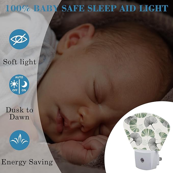 Elegant Ginkgo Leaves Night Light Plug into Wall, Green Ginkgo Night Light with Dusk to Dawn Sensor for Kid Girls Boys Women Men Bedroom, Hallway, Kitchen, Bathroom, Stairs Decor