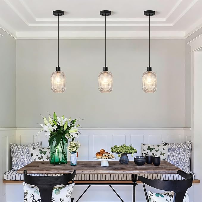 2 Pack Pendant Lights with Vintage Clear Ribbed Glass Lampshade, Adjustable Matte Black Pendant Lights Fixtures for Kitchen Island Lighting Sink, Dining & Living Room Hallway (Bulbs Not Included)