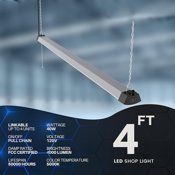 4FT 40W Wraparound LED Shop Light Fixture with Pull Chain Daylight White 5000K for Garage Workshop Basement
